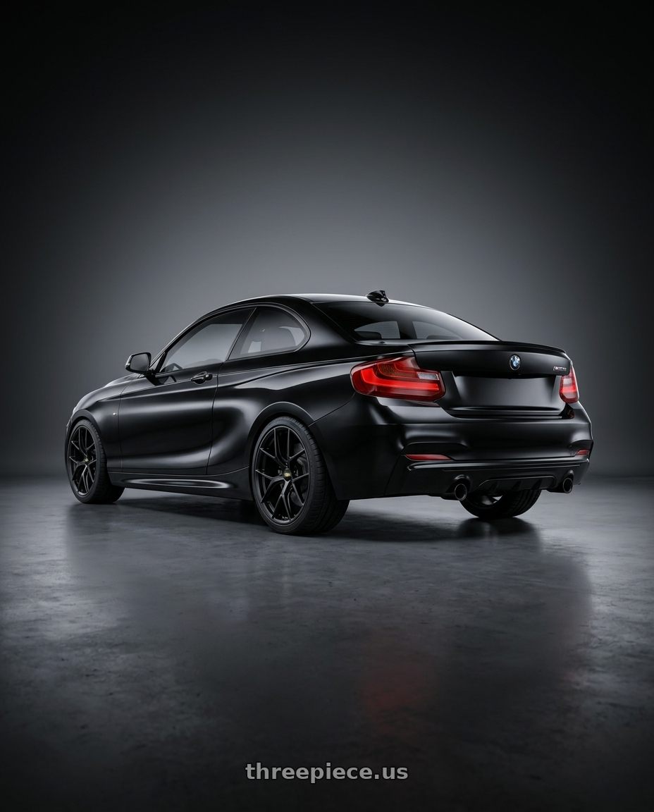 2016 BMW m235 black with BBS FI-R CL 20x9.0+52 Satin Black wheels rear three quarter view square tires