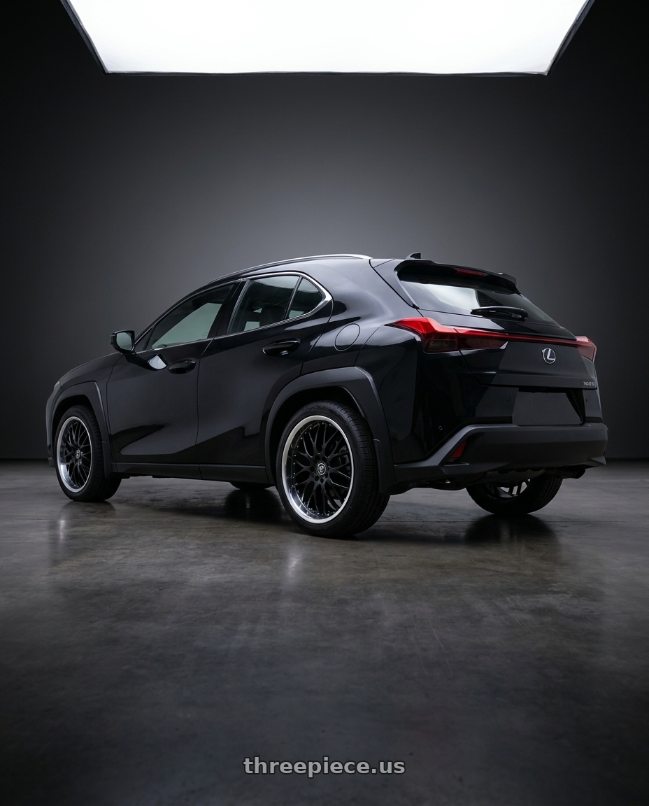 Lexus 2019 UX200 with WHITE DIAMOND W503 5x114.3/5x120 18x8+35 BLACK / MACHINED wheels rear three quarter view square tires