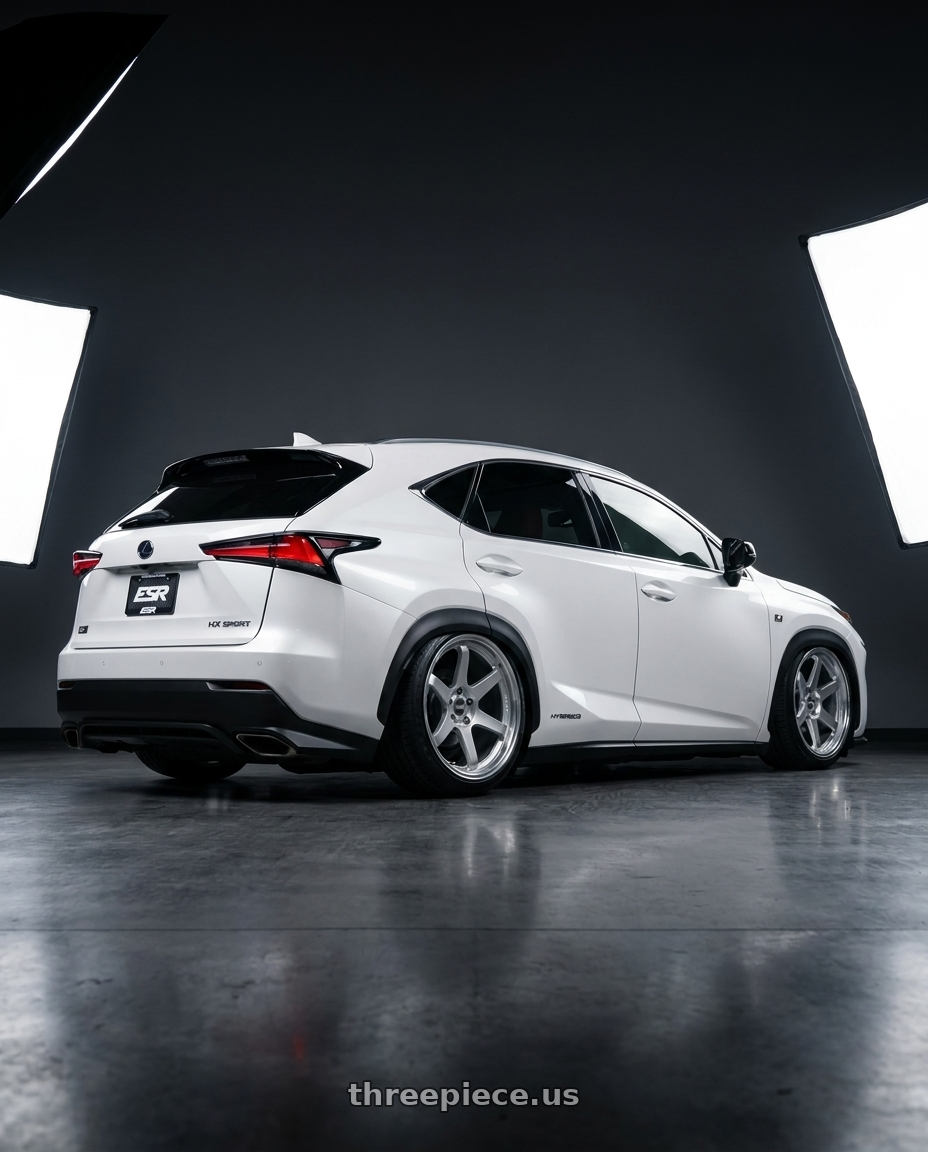 2020 Lexus Nx with ESR Wheels APEX SERIES AP6 5x120 19x9.5 +22 Hyper Silver wheels rear three quarter view slight stretch tires