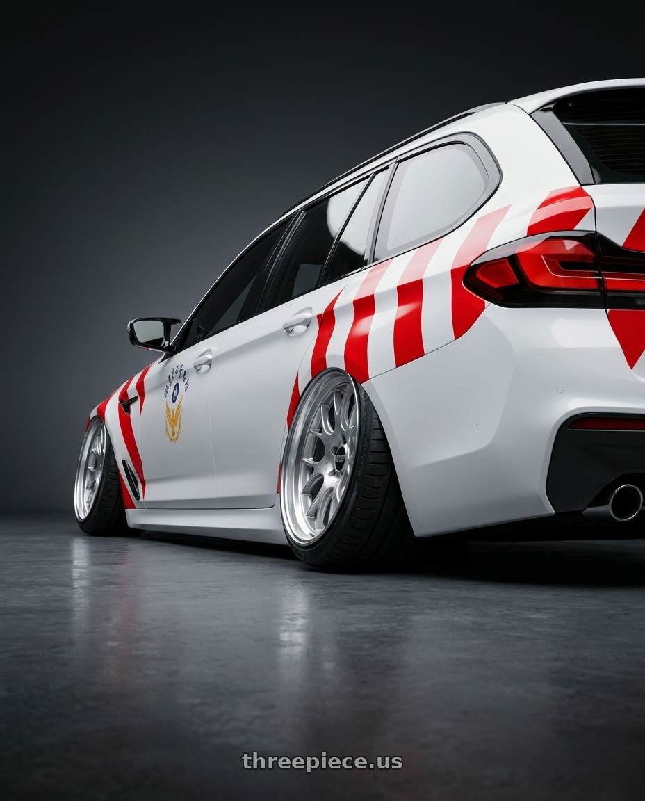 2025 M5 touring 國道紅斑馬塗裝 with BBS CH-R 5x120 19x8.5 +32 Brilliant Silver Polished Rim Protector wheels rear three quarter view extreme stretch tires