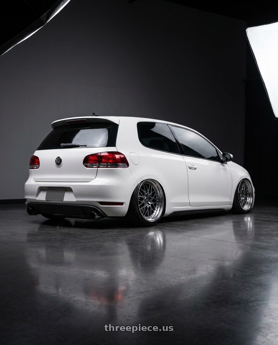 2012 VW GTI with Work Vs-Xv 5x100 18x9+40 A Disk Brilliant Silver Black wheels rear three quarter view slight stretch tires