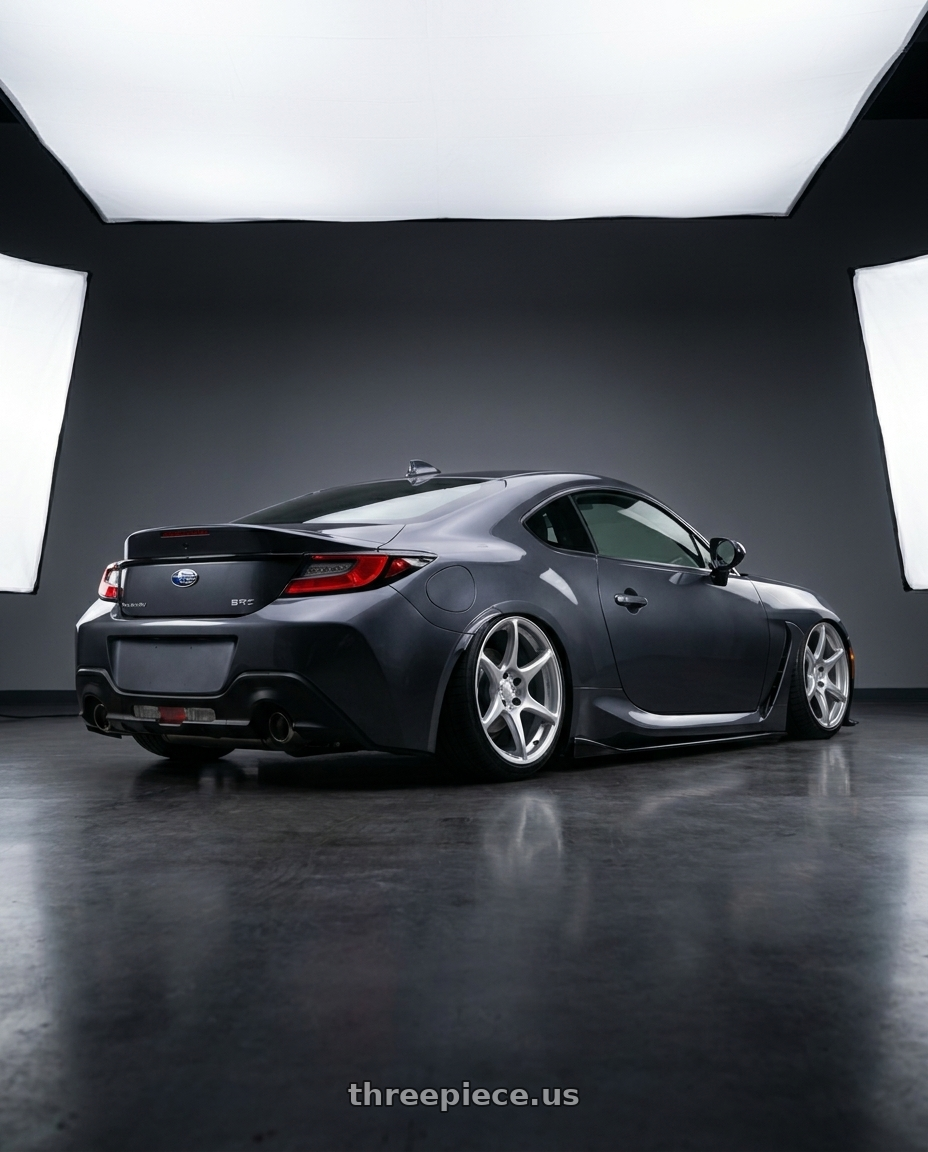 2022 Subaru brz with Kansei K11S Tandem 5X100 18x8.5 35 Hyper Silver wheels rear three quarter view slight stretch tires