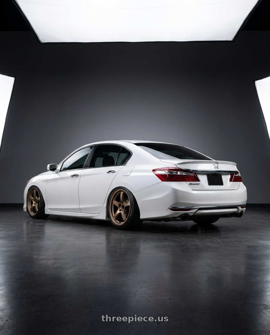 2016 Honda accord with Gram Lights 57CR 4x100 15x8+35 Bronze II wheels rear three quarter view slight stretch tires