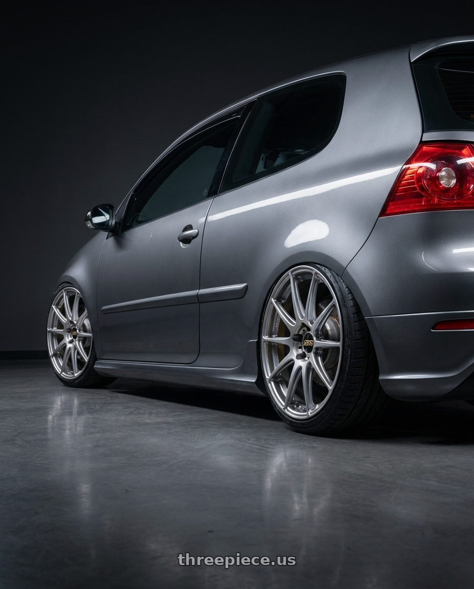 2009 VW GTI with BBS FS 5x112 19x8.5+42 Diamond Silver wheels rear three quarter view extreme stretch tires
