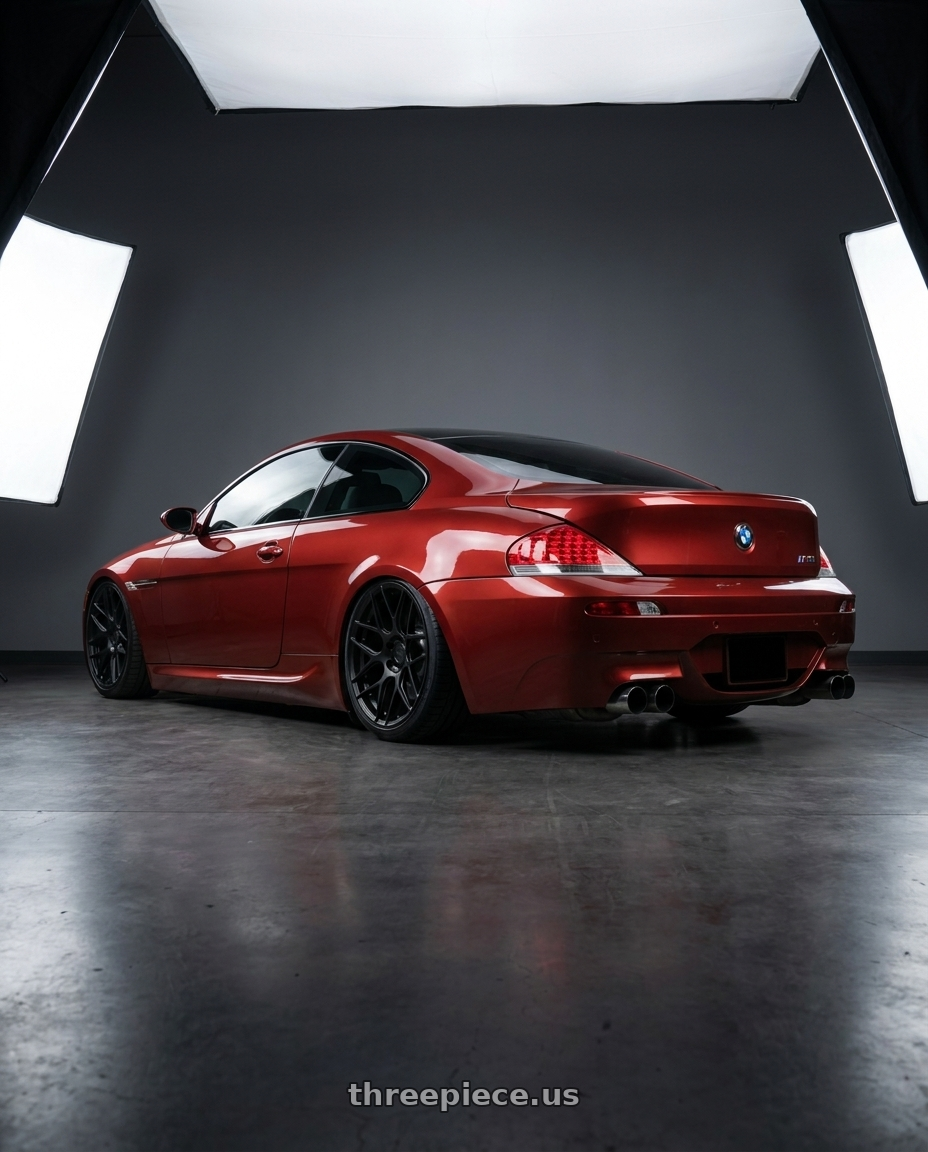 2006 Bmw E63 M6 Indianapolis Rot Metallic with Aodhan AFF2 5x120 19x9.5+35 Matte Black wheels rear three quarter view slight stretch tires