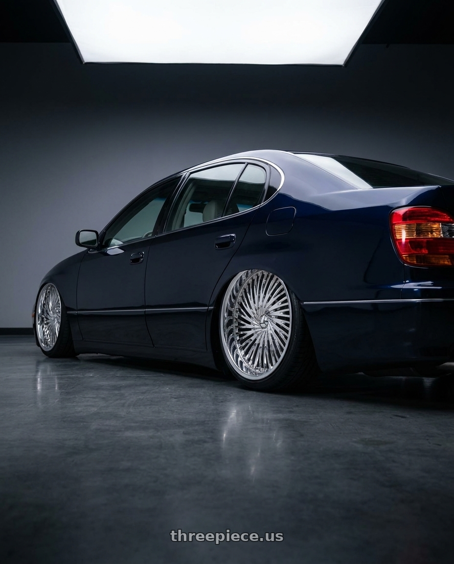 2000 Lexus GS 300  with Azara AZA-526 5x100/5x114.3 18x8 +35 Nano Chrome wheels rear three quarter view slight stretch tires