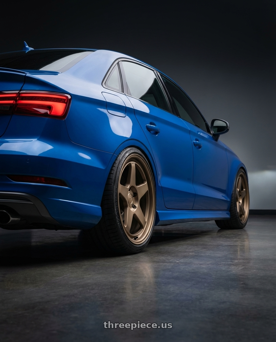 2019 Audi S3 8V with Kansei K12B KNP 5X112 18x8.5 35 Bronze wheels rear three quarter view square tires
