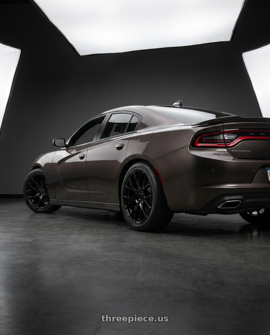 2021 Dodge Charger SXT with Performance Replicas PR161 5X115 20X10 +18 GLOSS BLACK wheels rear three quarter view square tires