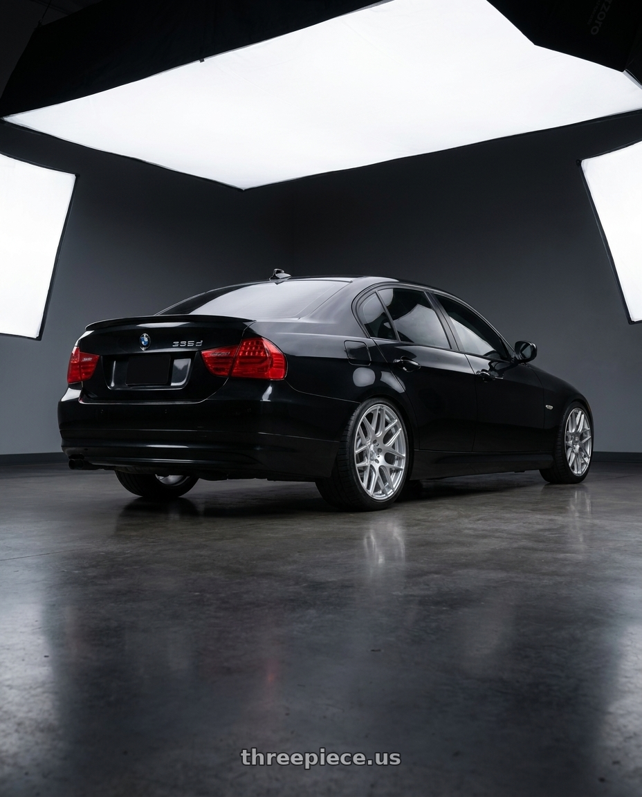 2011 bmw 335d with MRR FS1 5x120 19x9.5  +35 Liquid Silver wheels rear three quarter view square tires