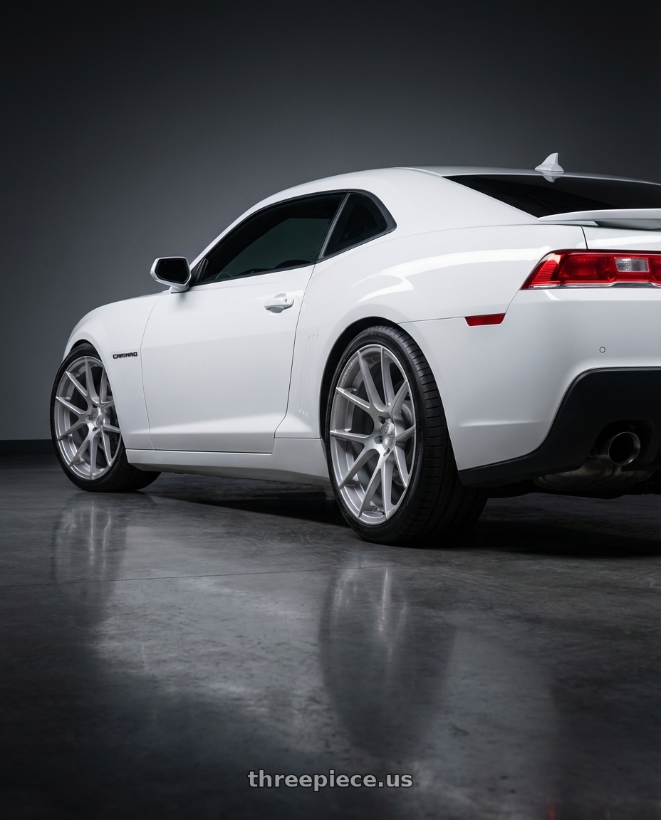 2014 Chevrolet Camaro 5th Gen with Avant Garde Wheels M510 5X120 20x10 +20 Satin Silver wheels rear three quarter view square tires