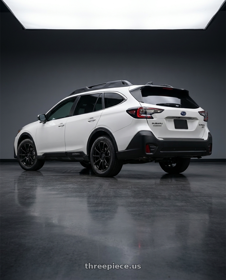 2026 Subaru outback xt with KATANA RACING KR07 5x114.3 18x8 +40 Glossy Black wheels rear three quarter view square tires