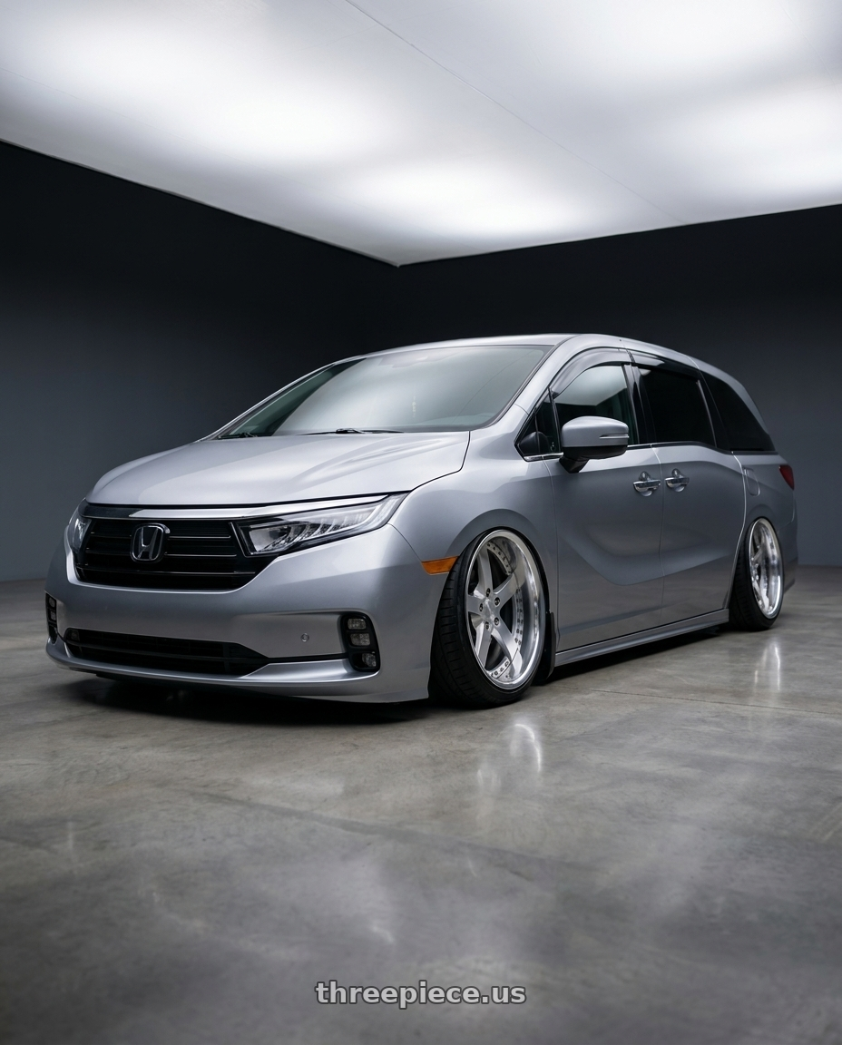 2024 Honda Odyssey  with Work Equip E05 5x120 20x8.5+40 a disk Feinheit Silver 2 wheels front three quarter view slammed stance