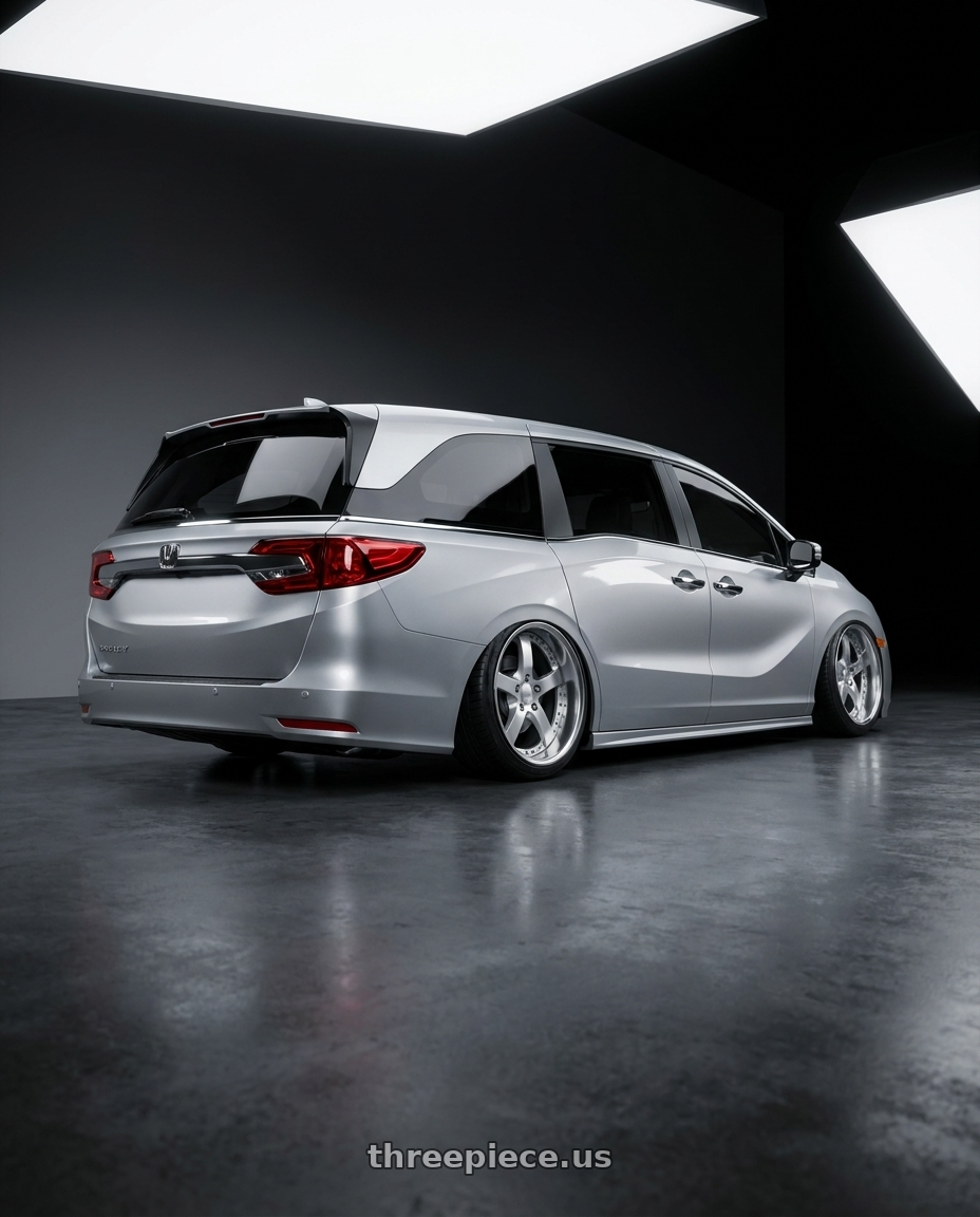 2024 Honda Odyssey  with Work Equip E05 5x120 20x8.5+40 a disk Feinheit Silver 2 wheels rear three quarter view extreme stretch tires