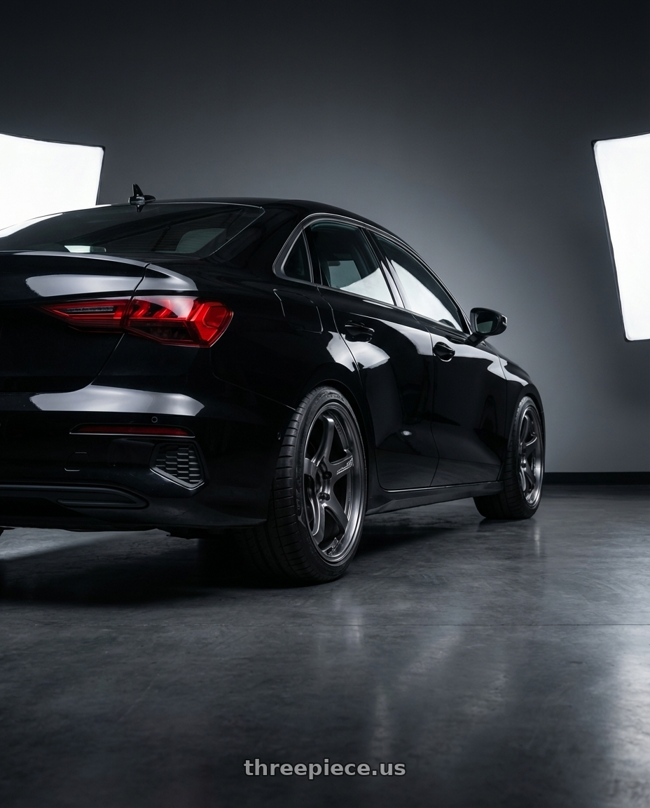 2022 Audi A3 with Advan Racing GT BEYOND 5x114.3 18x8.5 +37 RACING TITANIUM BLACK wheels rear three quarter view meaty tires