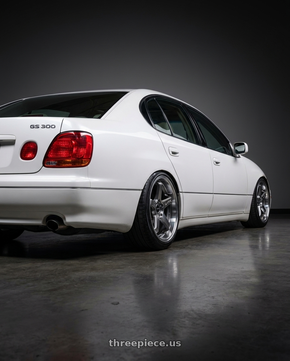 2002 lexus g300 base with F1R FC5 5x114 18x8.5 +38 Hyper Black/Polish Lip wheels rear three quarter view slight stretch tires