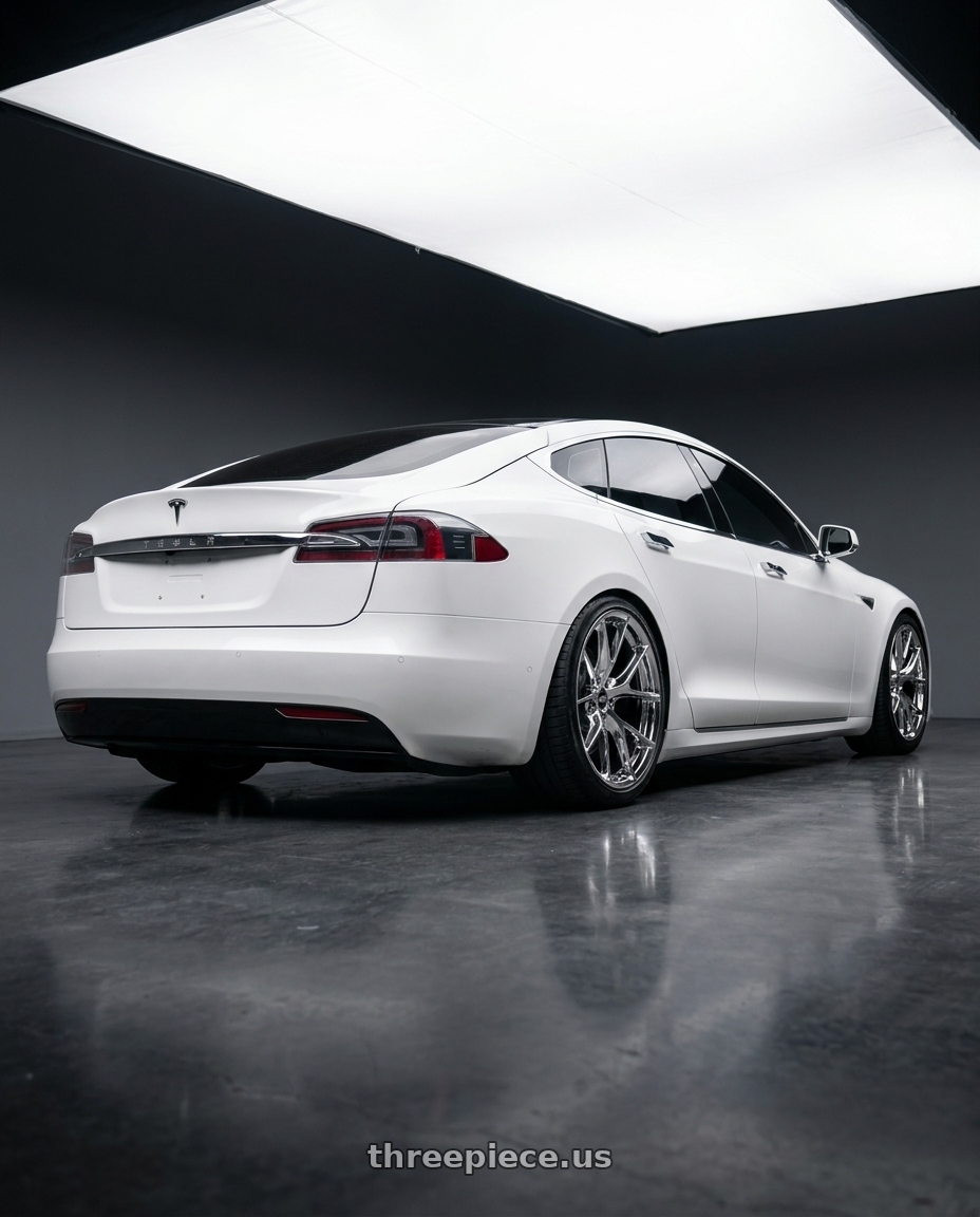 2018 Tesla S with ESR Wheels RF2 5x120 19x9.5 +35 Chrome wheels rear three quarter view square tires