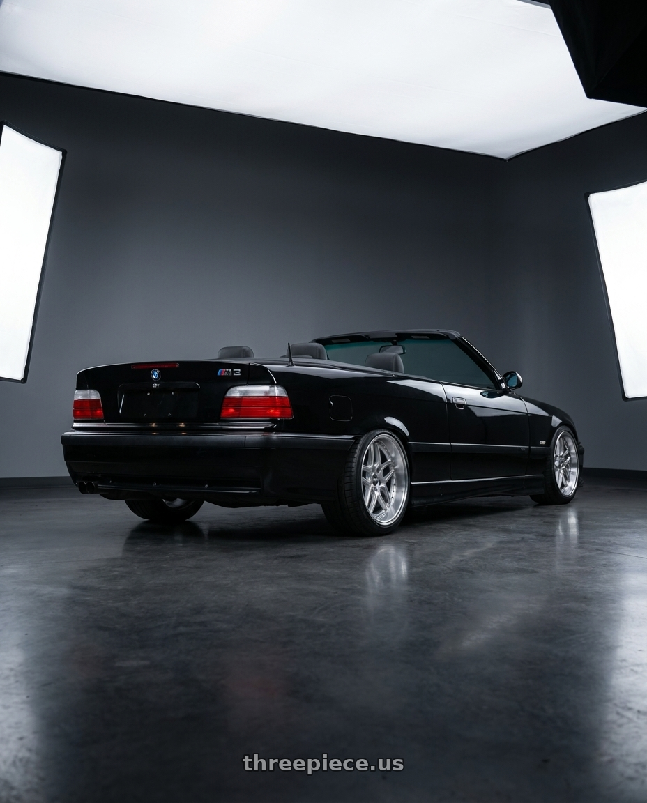 1999 bmw m3 convertible black with ESR Wheels CS SERIES CS15 5x100 18x10.5 +22 Hyper Silver wheels rear three quarter view square tires