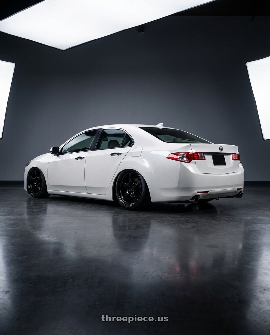 2013 Acura TSX with Gram Lights 57CR 5x114.3 19x10.5+12 Glossy Black wheels rear three quarter view slight stretch tires