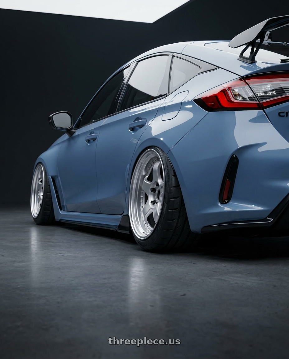 2024 type R with Work Meister S1 3P 5x120 19x10+55 O Disk Silver wheels rear three quarter view meaty tires