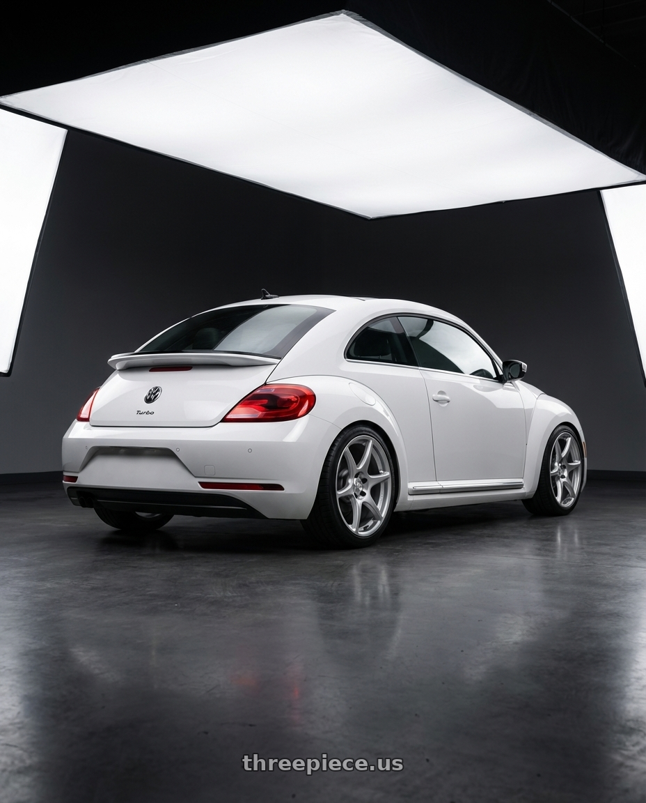2016 Volkswagen Beetle Turbo with Kansei K11S Tandem 5X112 18x8.5 35 Hyper Silver wheels rear three quarter view square tires
