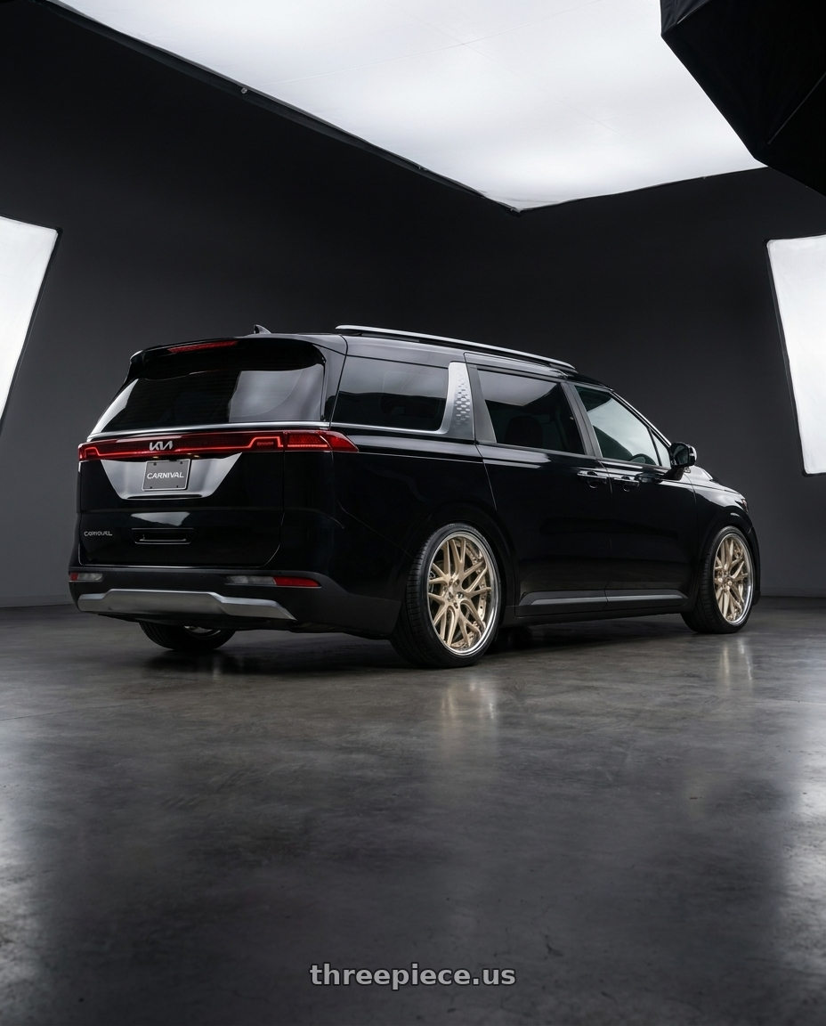 2025 Kia carnival with Work Gnosis Cvx 5x114.3 20x9+45 H Disk Buff Finish wheels rear three quarter view slight stretch tires