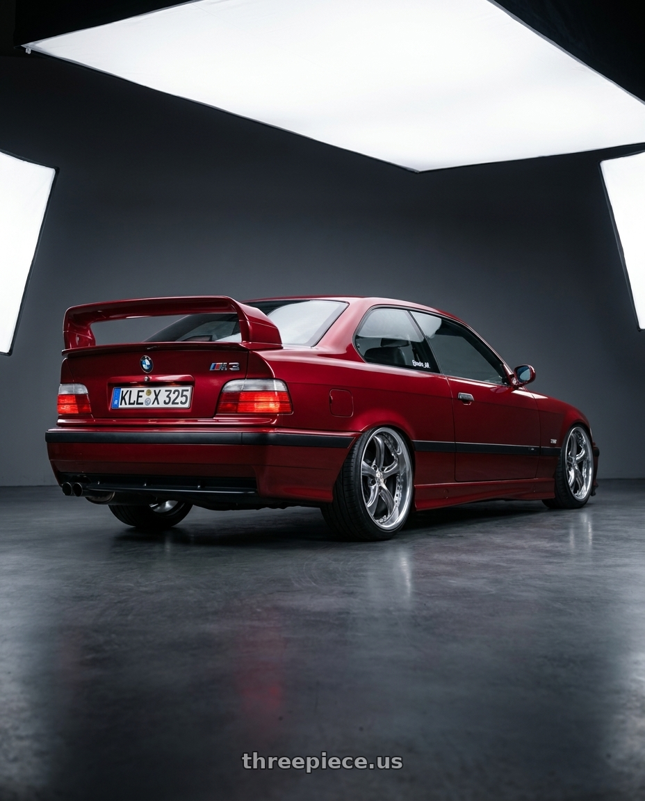 1996 BMW E36 328is with Work Wheels VS-KF 5X114.3 19x8+40 Brilliant Silver Black A Disk FULL REVERSE wheels rear three quarter view slight stretch tires