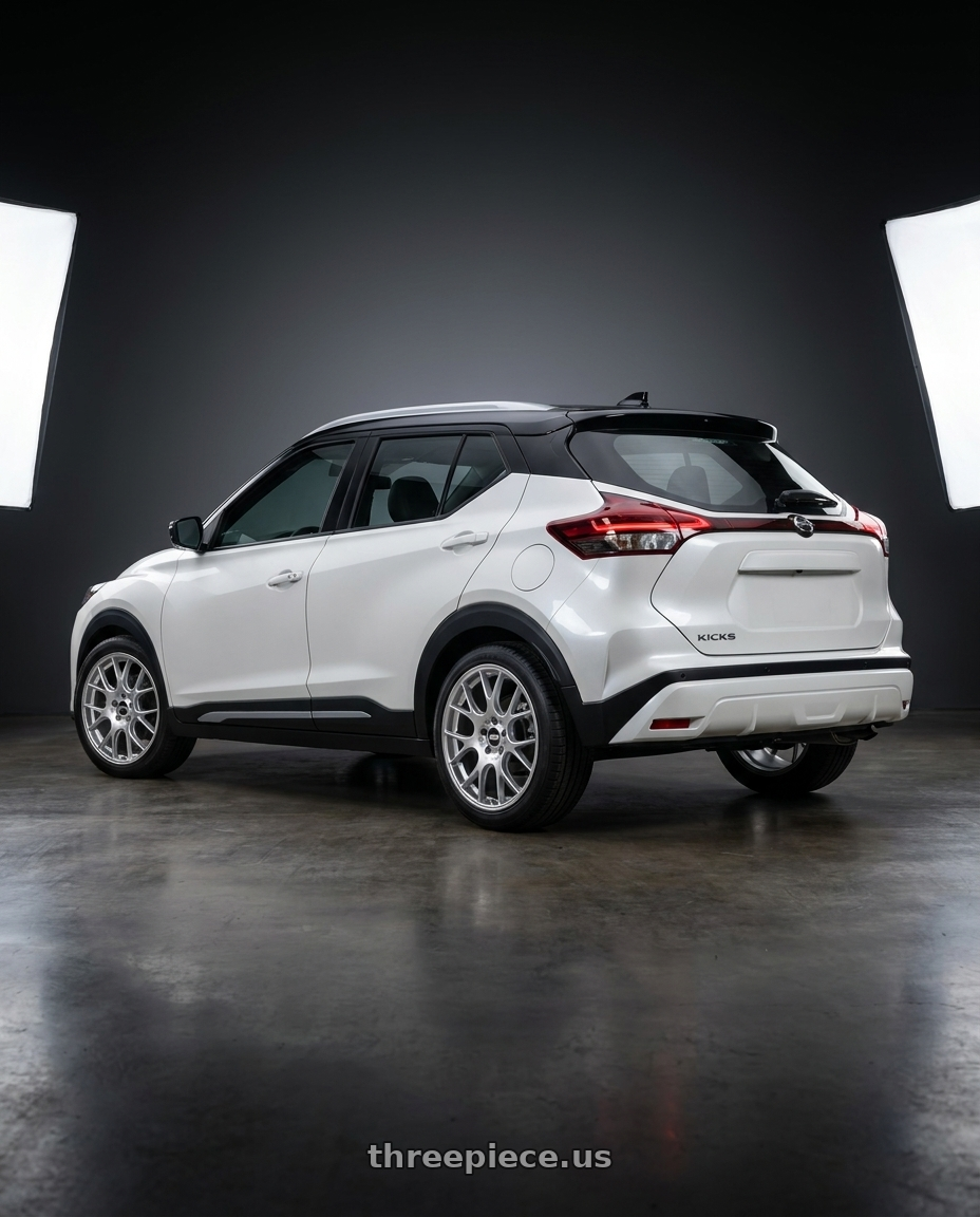 2024 Nissan Kicks with BBS CH-R 5x120 18x8 +40 Brilliant Silver Polished Rim Protector wheels rear three quarter view square tires