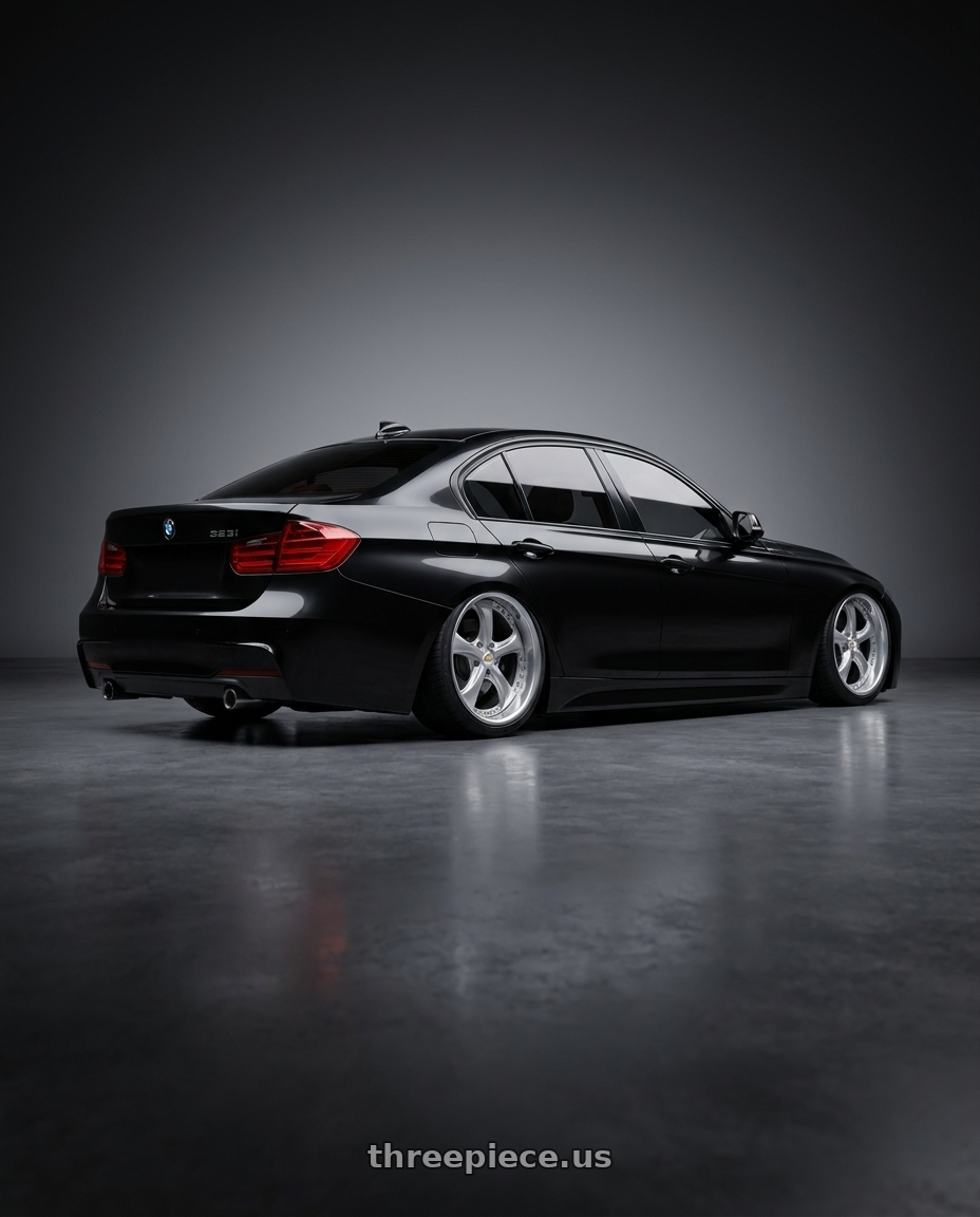2016 BMW 328i xDrive with Work Wheels VS-KF 5x120 18x9+40 Light Grey Silver A Disk FULL REVERSE wheels rear three quarter view square tires