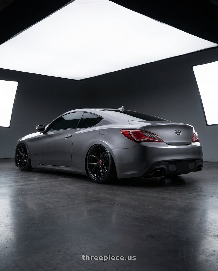 2014 Hyundai Genesis Coupe with Vossen HF-5 19x9.5 / 5x114.3 / ET40 / Deep Face / 73.1 - Gloss Black Wheel - HF5-9N63 wheels rear three quarter view slight stretch tires