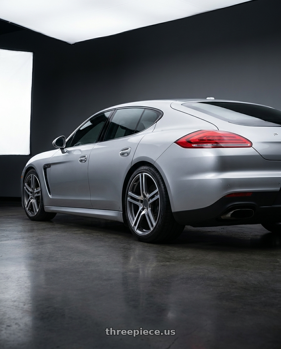 2014 porsche panamera 4 with REPLICA WHEELS R5055 5x112 20x9.5+35 GREY / MACHINED wheels rear three quarter view square tires