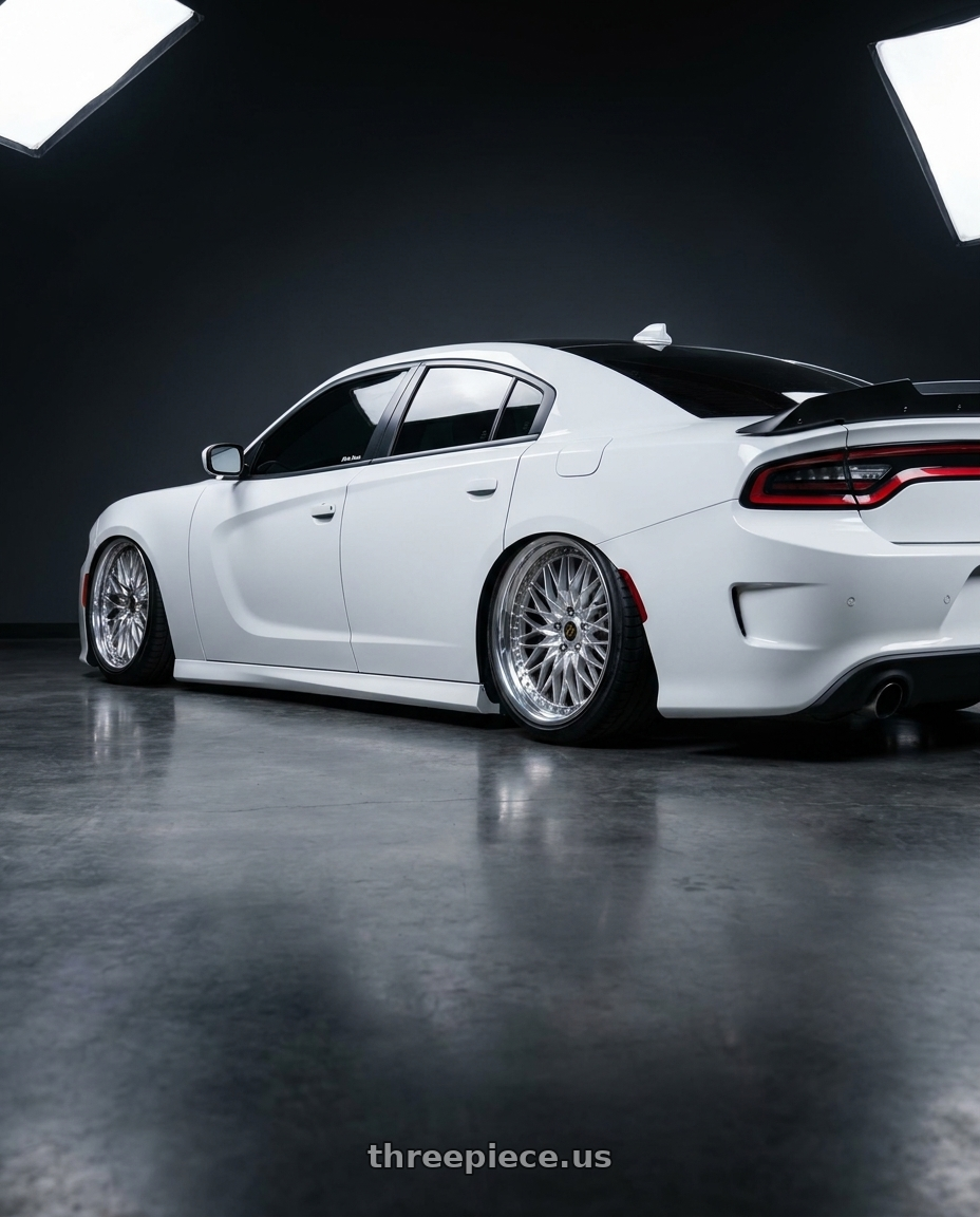 2021 Dodge Charger ScatPack with Work Vs-Xv 5x115 20x10+15 A Disk Silky Rich Silver wheels rear three quarter view slight stretch tires