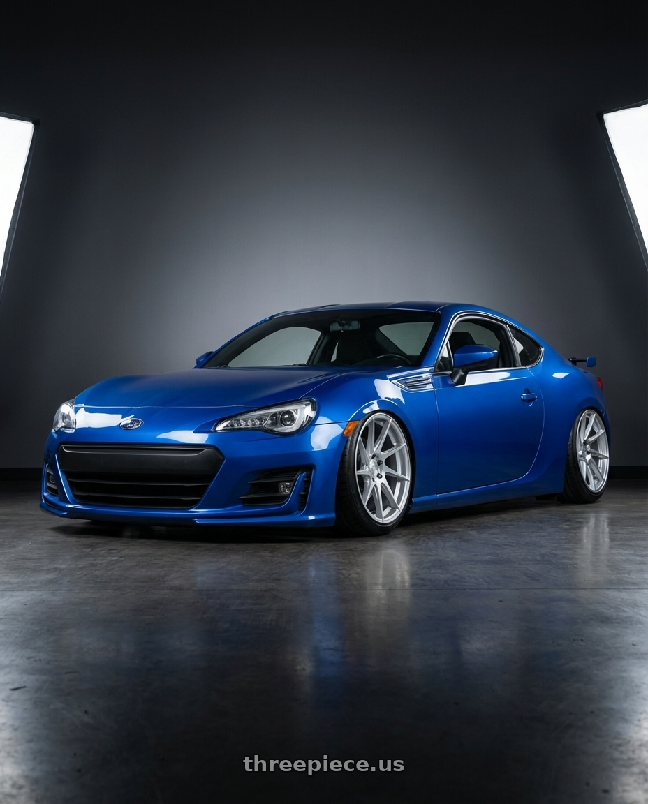 2017 Subaru BRZ with Aodhan AH09 5x100 18x8.5 +35 Gloss Silver Machined Face wheels front three quarter view stanced stance