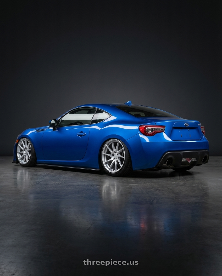 2017 Subaru BRZ with Aodhan AH09 5x100 18x8.5 +35 Gloss Silver Machined Face wheels rear three quarter view slight stretch tires