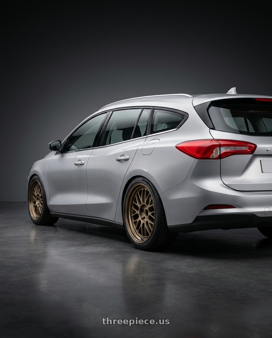 2025 Ford Focus Wagon with Volk Racing 21A 5x100 18X10-15  Bronze wheels rear three quarter view square tires