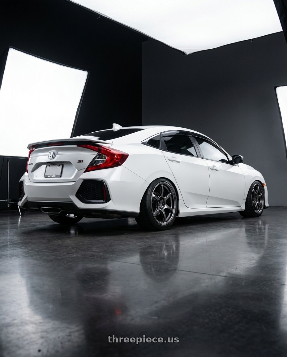 2018 Honda Civic SI Sedan White with Advan RGIII 5x114.3 18x9.0+35 Gloss Black wheels rear three quarter view meaty tires