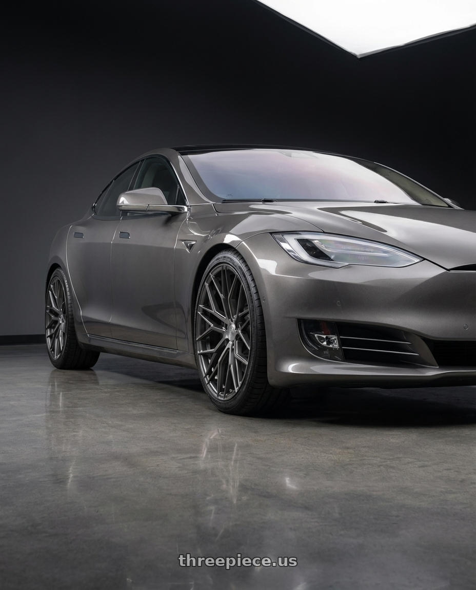 2018 Tesla Model S with Avant Garde Wheels M520R 5X120 21x12 +52 Dark Graphite Metallic wheels front three quarter view lowered stance