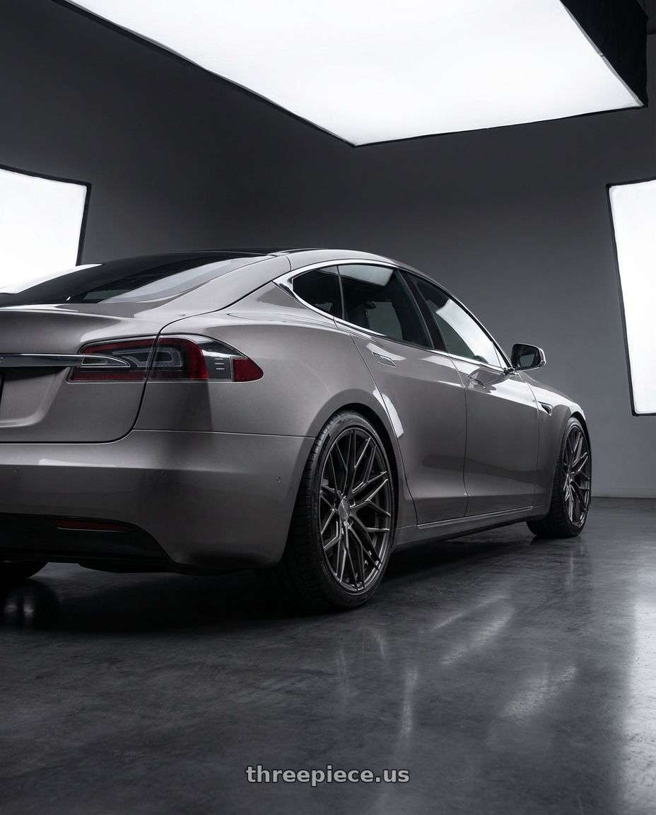 2018 Tesla Model S with Avant Garde Wheels M520R 5X120 21x12 +52 Dark Graphite Metallic wheels rear three quarter view square tires