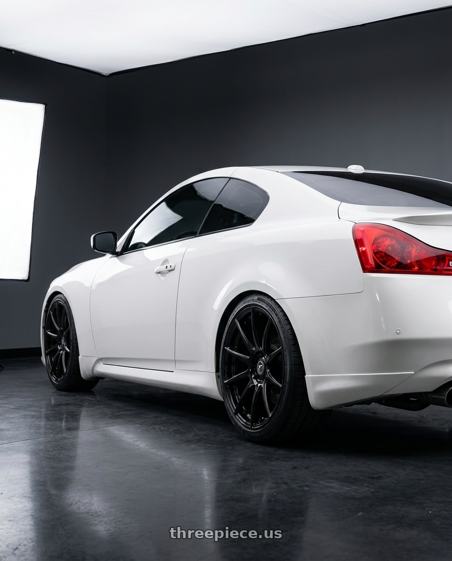 2014 Infiniti G37 Coupe with Forgestar CF10 5x114.3 19x9 +35 Gloss Black wheels rear three quarter view square tires