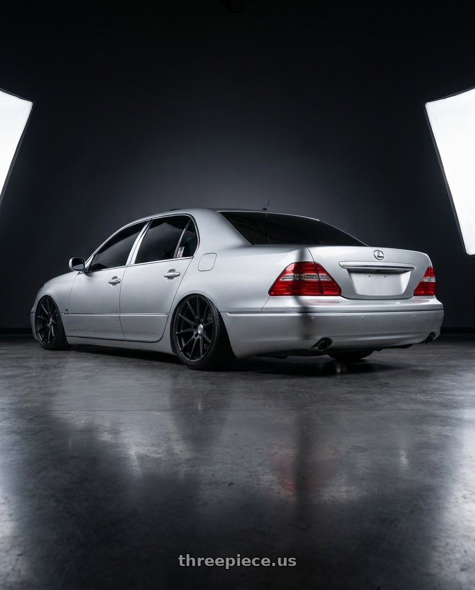 2004 lexus ls430 with Work Gnosis Fmb01 5x114.3 20x9.5+38  Black Anodized wheels rear three quarter view extreme stretch tires