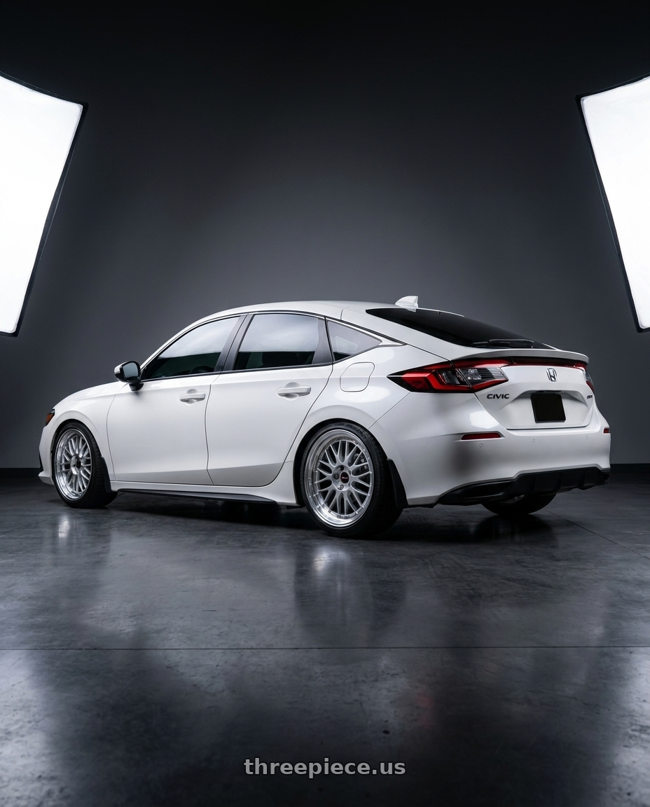 2022 Honda civic sport hatchback  with Vors VR8 5x114.3 17x8  +35 Silver Machine Lip Chrome Rivet wheels rear three quarter view square tires