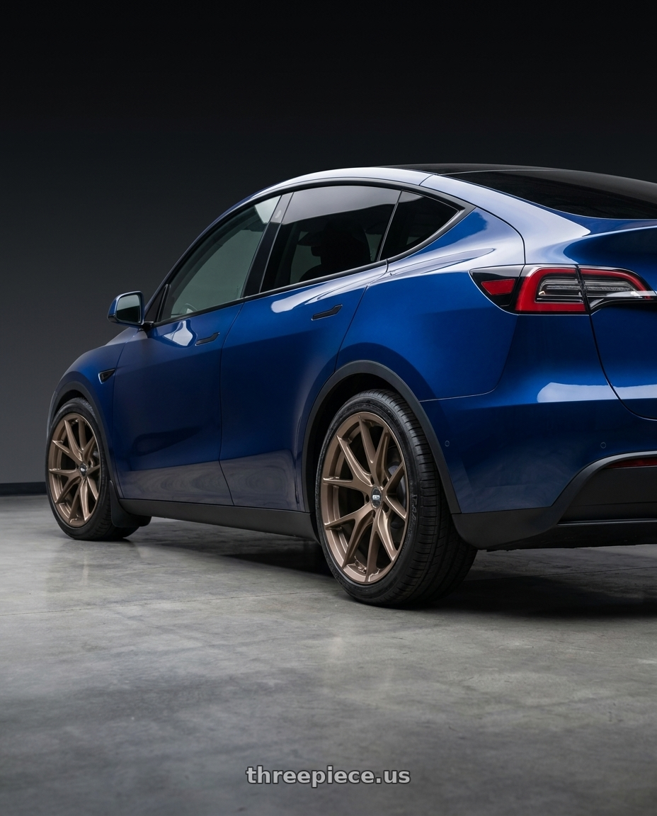 2023 Tesla Model Y with ESR Wheels FORGETECH SERIES RF2 5x100 18x9.5 +35 Matte Bronze wheels rear three quarter view square tires
