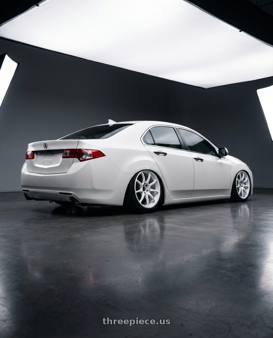 2013 Acura TSX with Advan RCIII 5x114.3 18x8.5+53 White wheels rear three quarter view slight stretch tires