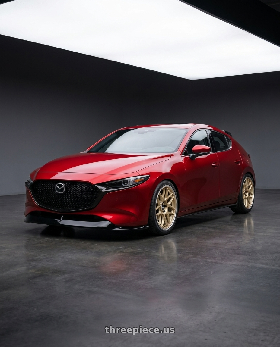 2026 Mazda 3 hatchback soul red with appearance package  with Motegi MR158 TSUBAKI 5X114.3 18x8.5 +35 MOTORSPORT GOLD W/ MACHINED LIP wheels