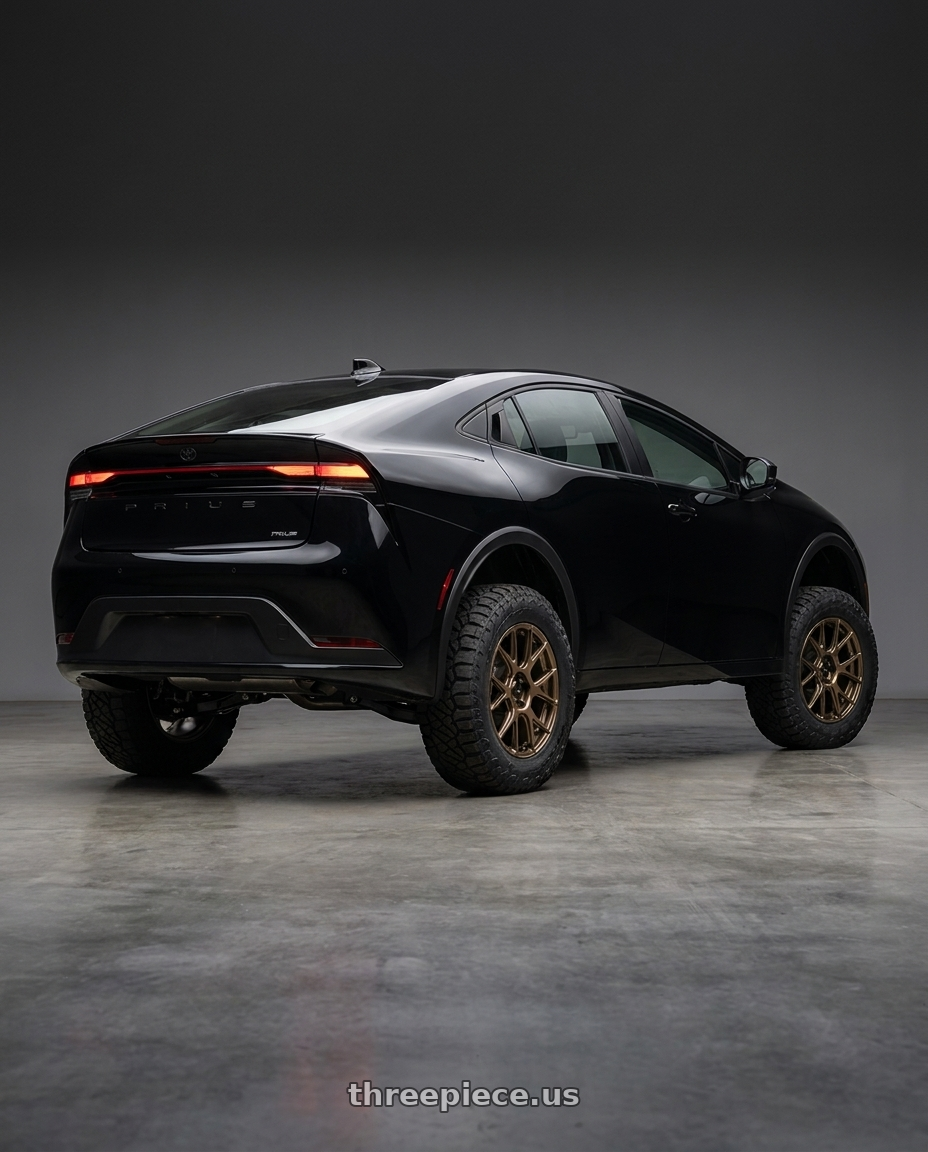 2025 Toyota Prius  with Konig Ampliform 5x120 19x10+28 Gloss Bronze wheels rear three quarter view meaty tires