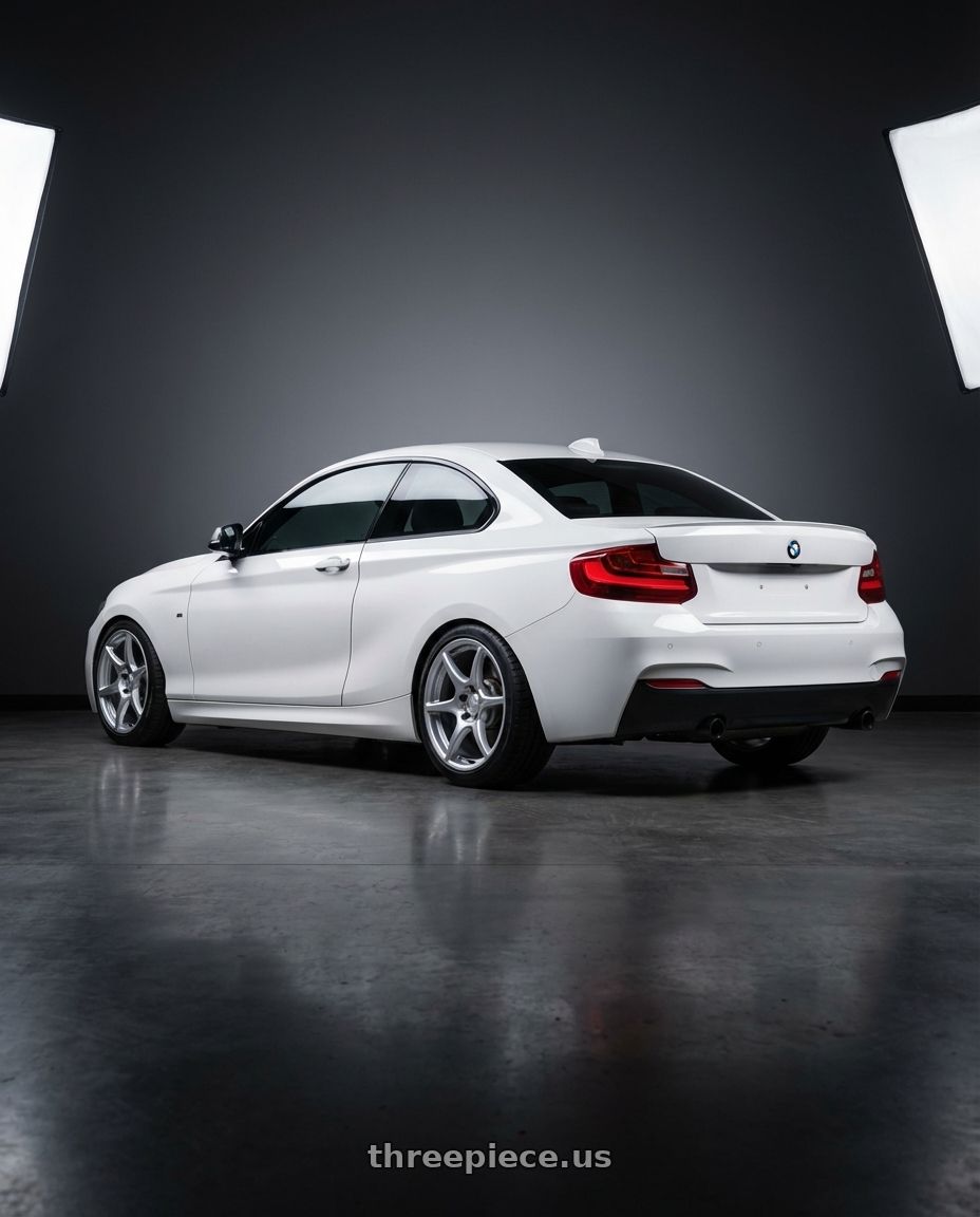 2018 BMW 2 Series F22 with Kansei K11S Tandem 5X120 18x8.5 35 Hyper Silver wheels rear three quarter view square tires