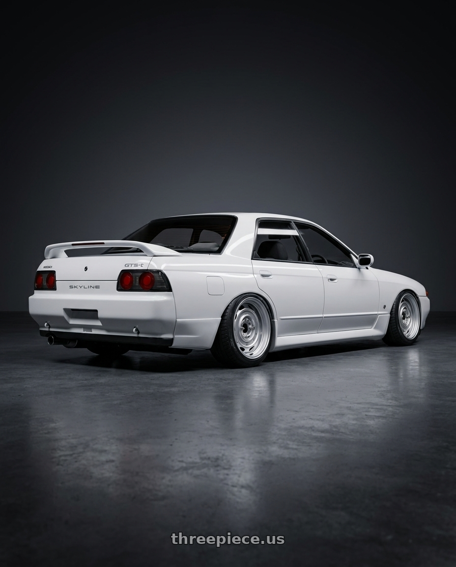 1992 skyline gts with Mobelwagen MW430S Interceptor 4X130 15x5.5 20 Silver wheels rear three quarter view slight stretch tires
