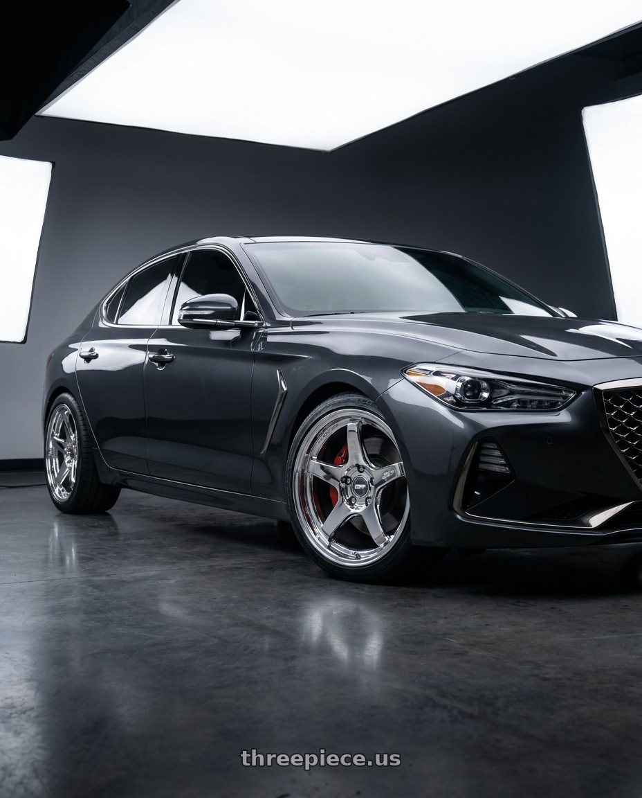 2019 Genesis G70 Advanced with ESR Wheels APX5C 5x114.3 19x9.5 +22 Chrome wheels front three quarter view stock stance
