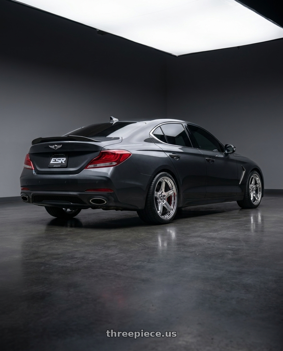 2019 Genesis G70 Advanced with ESR Wheels APX5C 5x114.3 19x9.5 +22 Chrome wheels rear three quarter view square tires