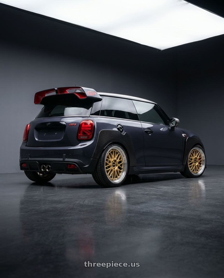 2020 mini jcw gp3 with BBS LM 5x114.3 18x9.0+42 Gold wheels rear three quarter view square tires