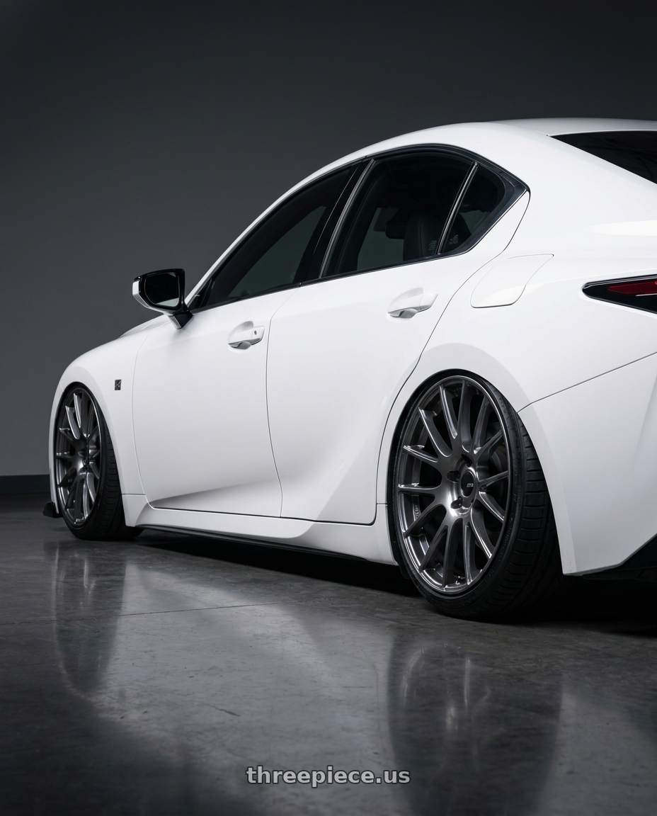 2024 Lexus IS 350 with Ssr Gtv04 5x114.3 19×8.5x8.5+45  METALLIC GRAY wheels rear three quarter view slight stretch tires